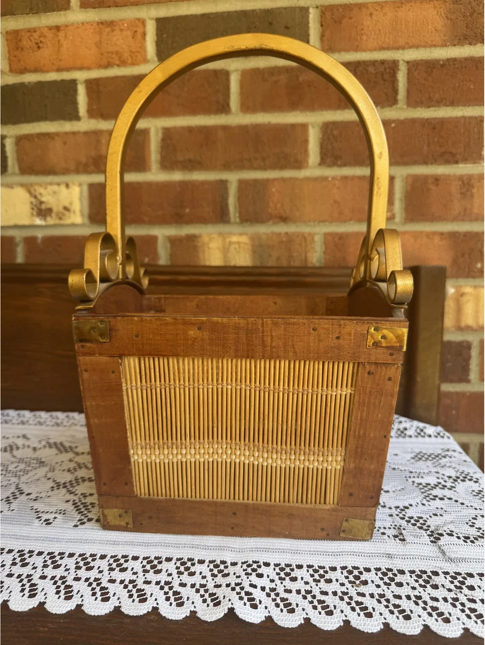 Vintage Wooden and Bamboo Storage Basket with Decorative Handle